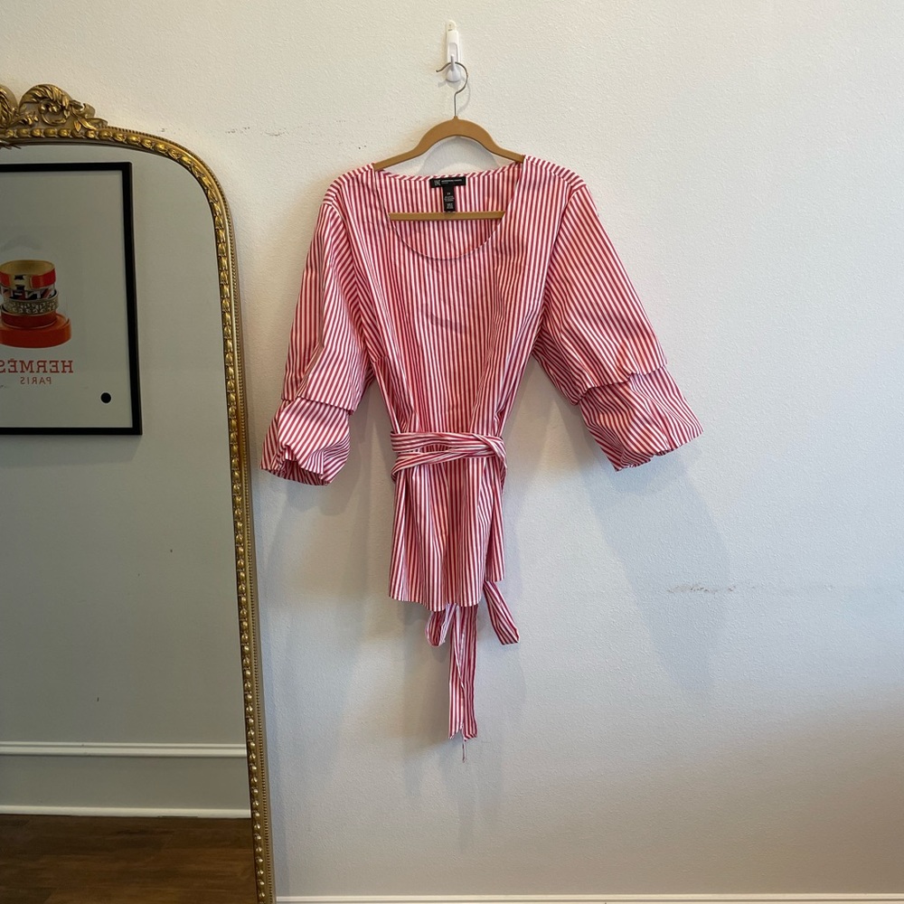 INC International Concepts Pink and White Striped Tie-Waist Blouse